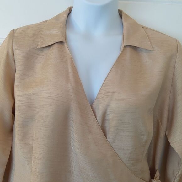Selene Sport tan 3/4 cuff sleeve wrap front blouse - Picture 3 of 12